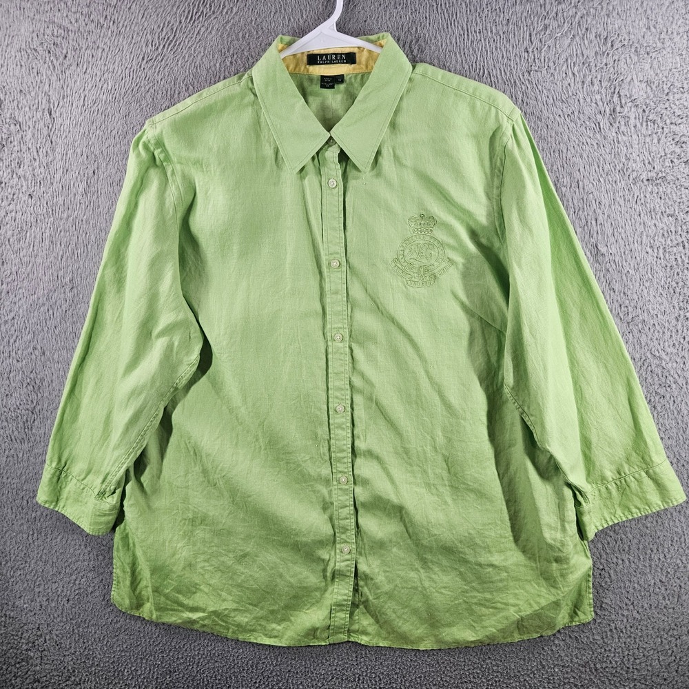 Lauren Ralph Lauren Linen Button Down Shirt Lime Green Crest Logo Womens 1X‎